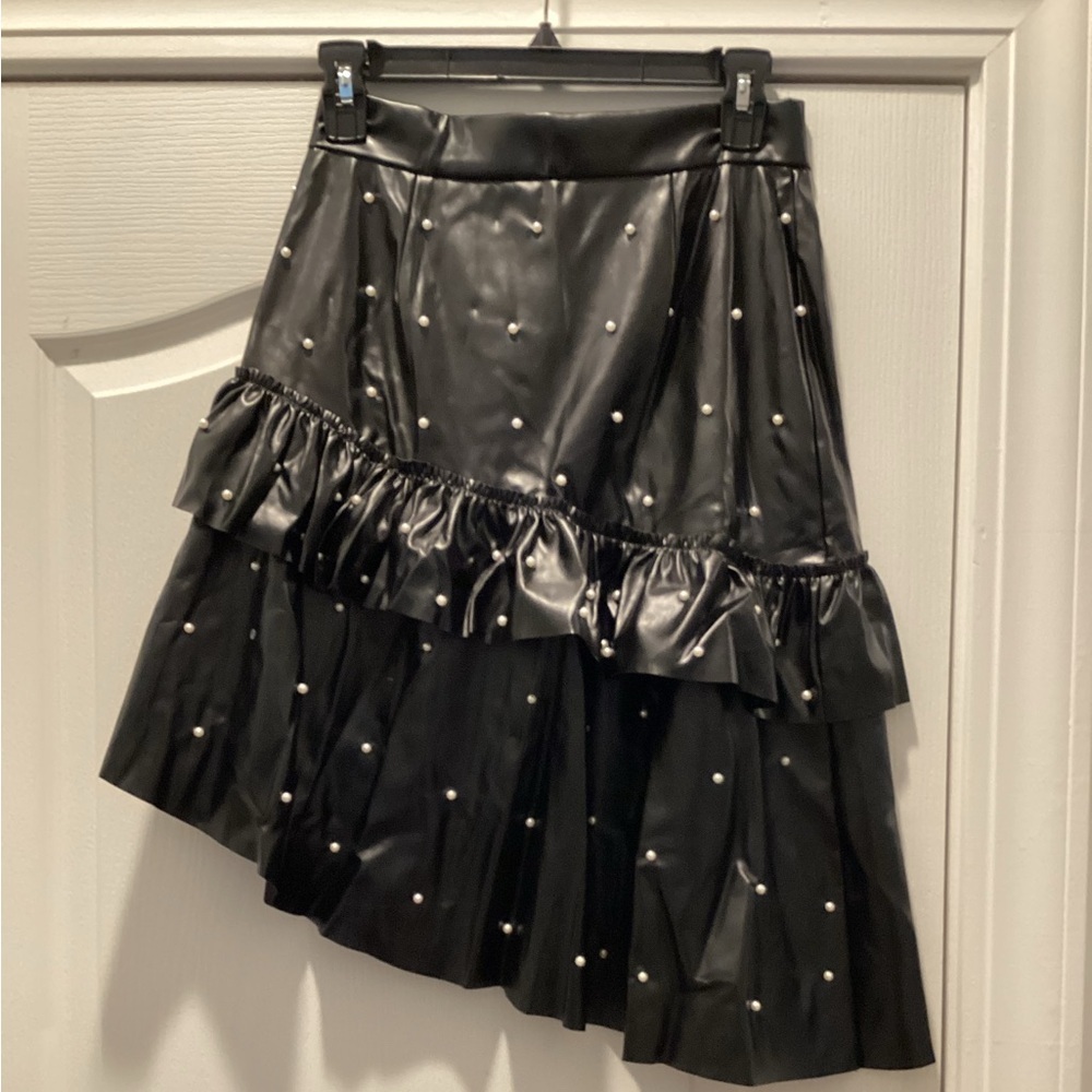 Pearl-Embellished Asymmetrical Black Faux Leather Skirt